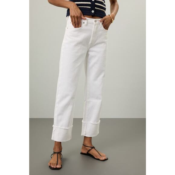 7 FOR ALL MANKIND White Cotton Blend Cuffed Hems Logan Straight Leg Jeans 25 - Picture 2 of 16